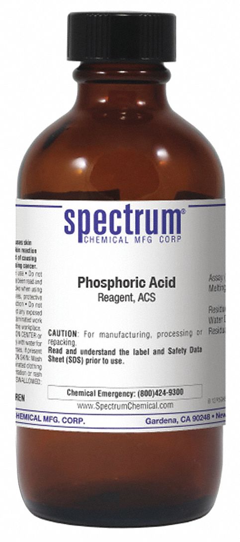 Phosphoric Acid: ACS, 100 mL, 7664-38-2, Acid, Liquid, Bottle, Amber Glass, 24 mo Shelf Life, 1