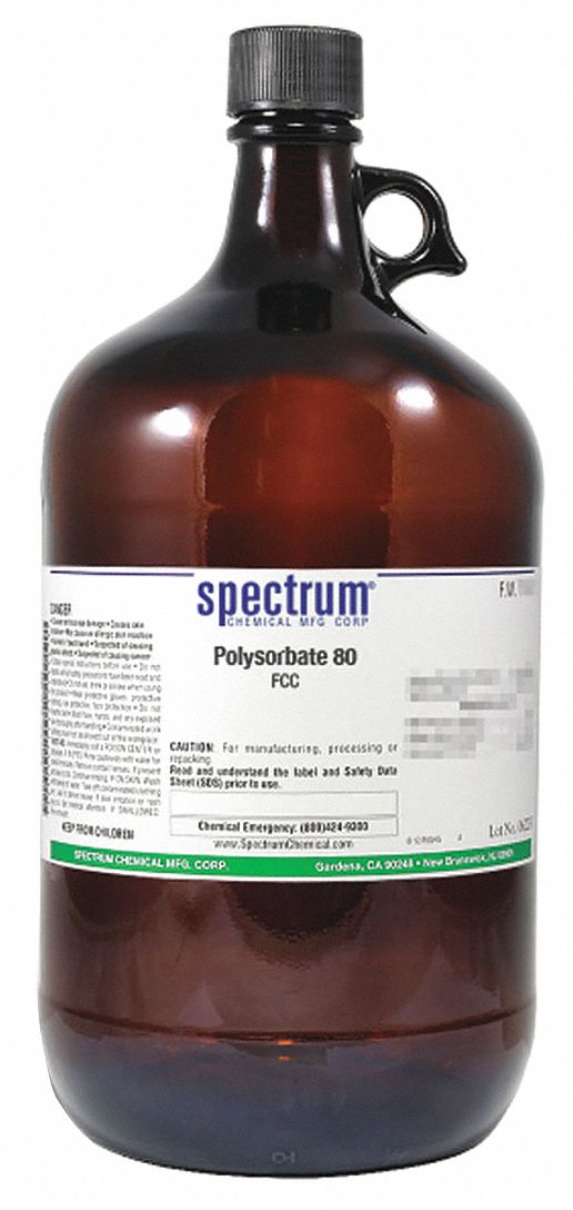 Polysorbate 80: FCC, 4 L, 9005-65-6, Reagent, Liquid, Bottle, Glass, 24 mo Shelf Life, 1