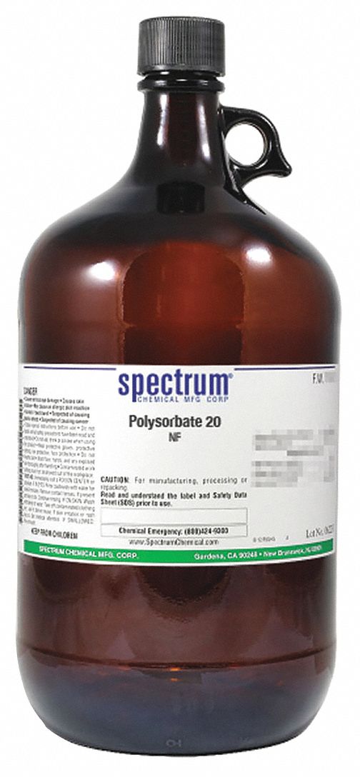 Polysorbate 20: NF, 4 L, 9005-64-5, Reagent, Liquid, Bottle, Glass, 24 mo Shelf Life, 1