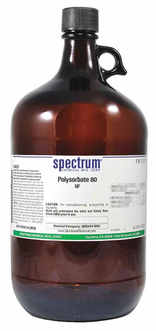 Polysorbate 80: NF, 4 L, 9005-65-6, Reagent, Liquid, Bottle, Glass, 24 mo Shelf Life, 1