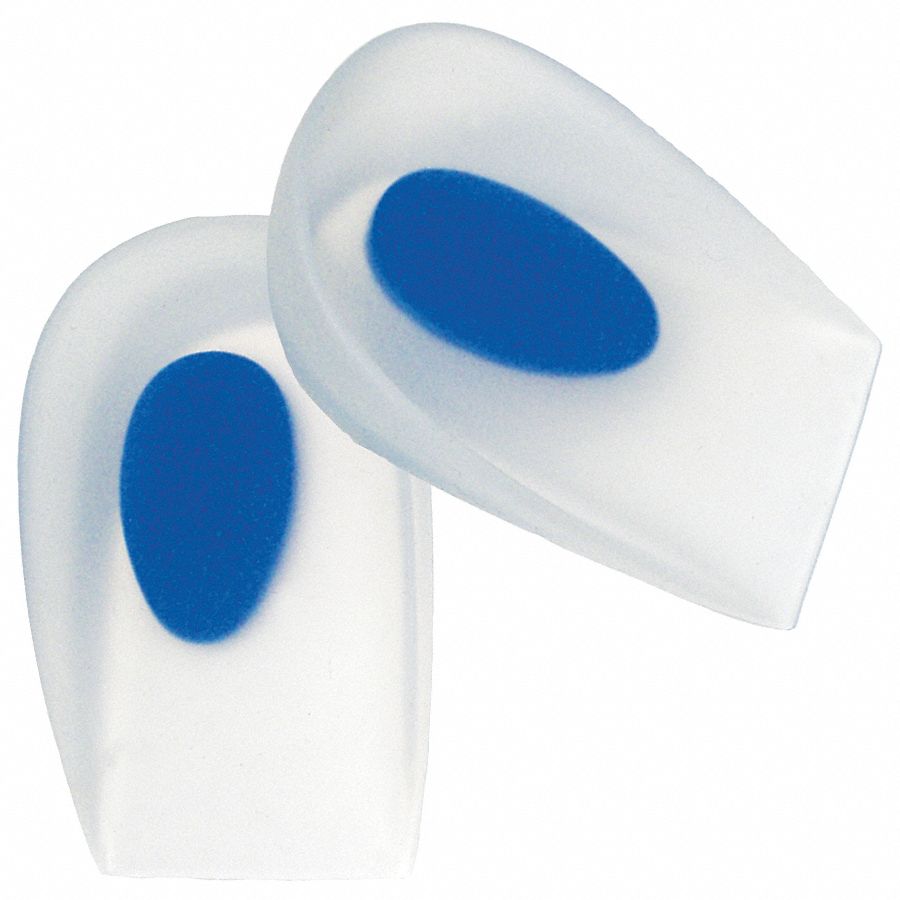 UNISEX ANTI-FATIGUE MOULDED HEEL CUPS, SZ 9 TO 12/8 TO 13, SILICONE, WHT/BL, 7X4X½ IN