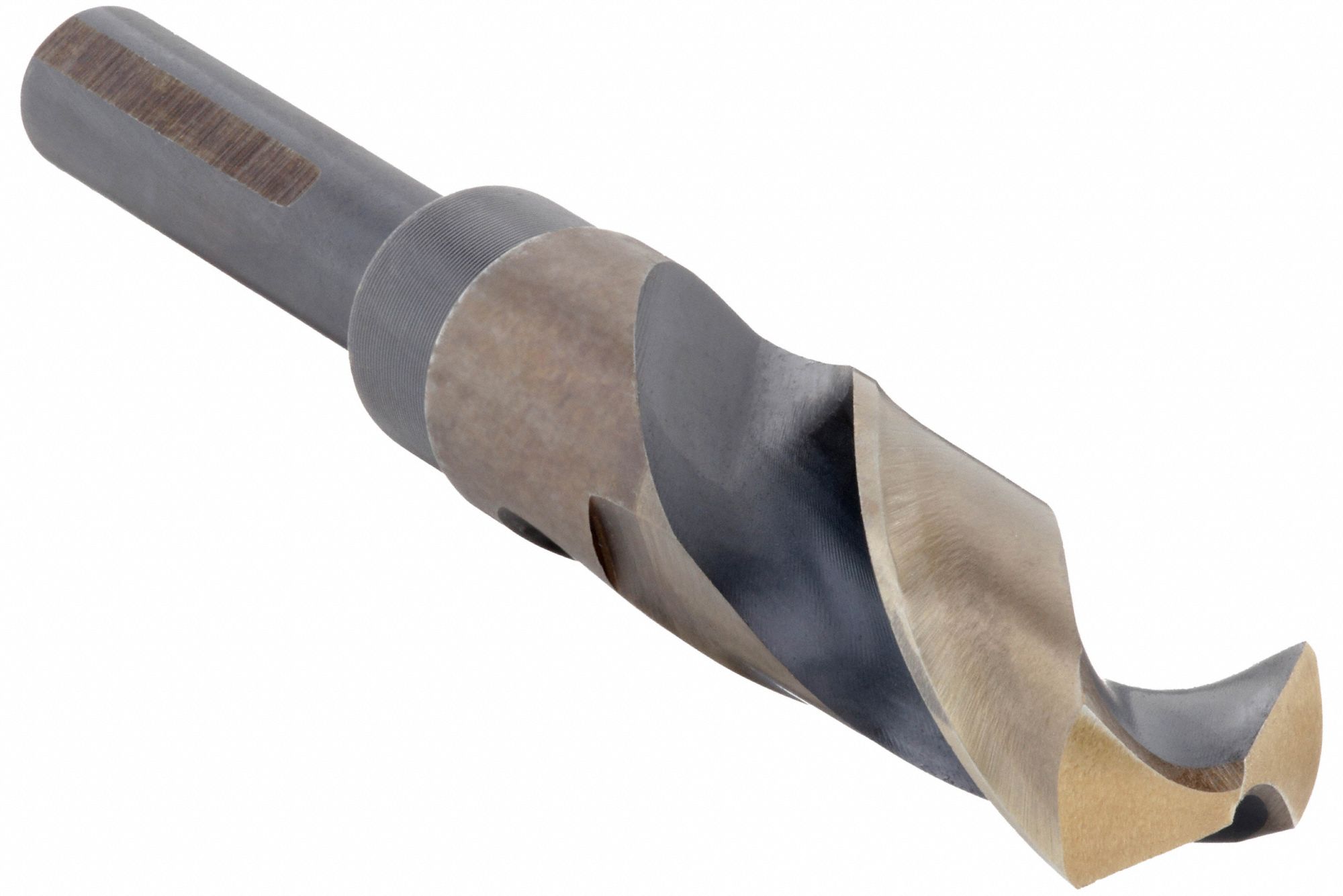 Reduced Shank Drill Bit: 15/16", 118° Split Point, Black & Gold HSS, 3-Flats Shank