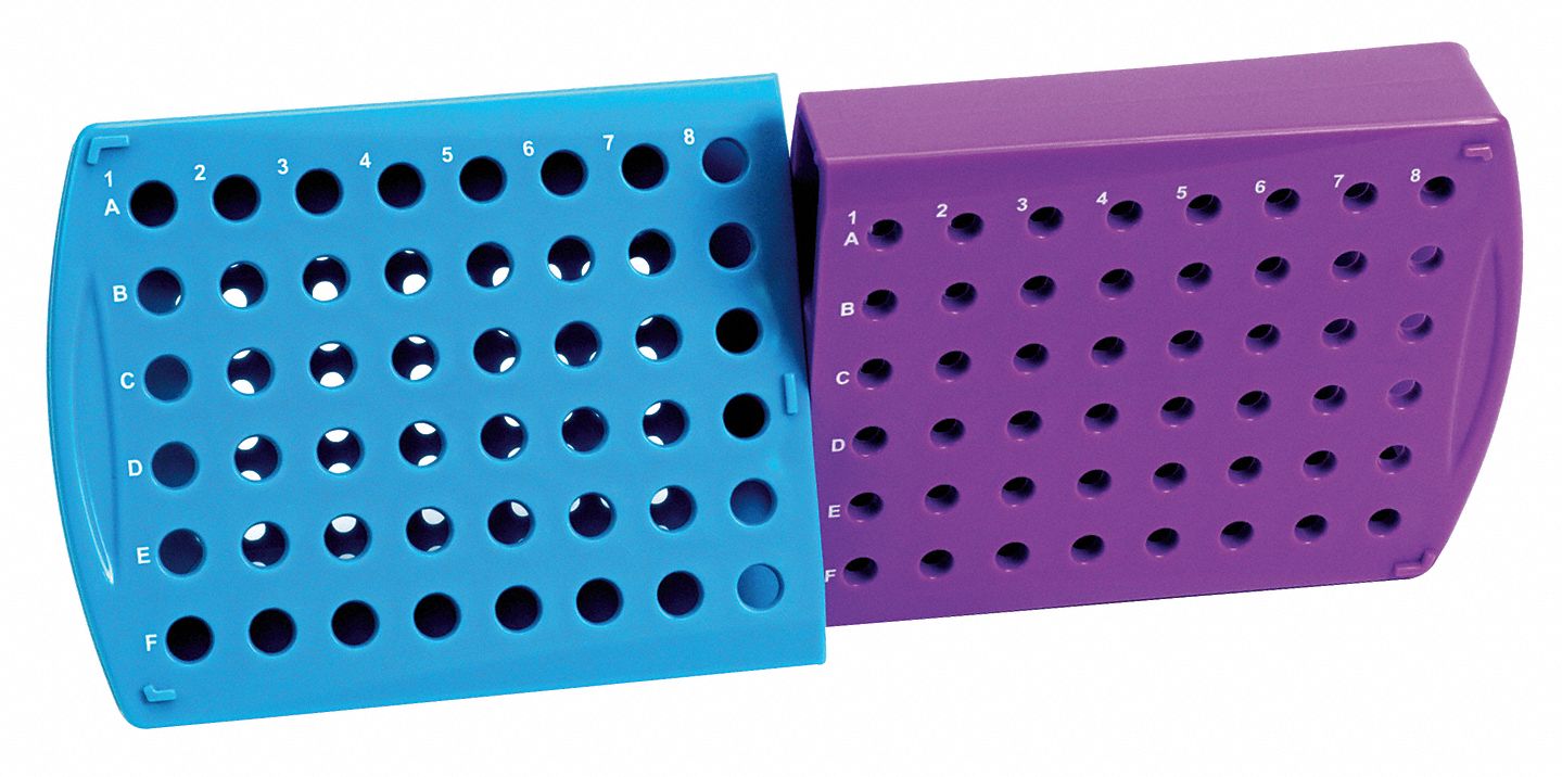 Tube Rack: 4 1/2 in Overall Wd, 1 in Overall Ht, 11 1/2 in Overall Lg, Polypropylene, Blue/Purple