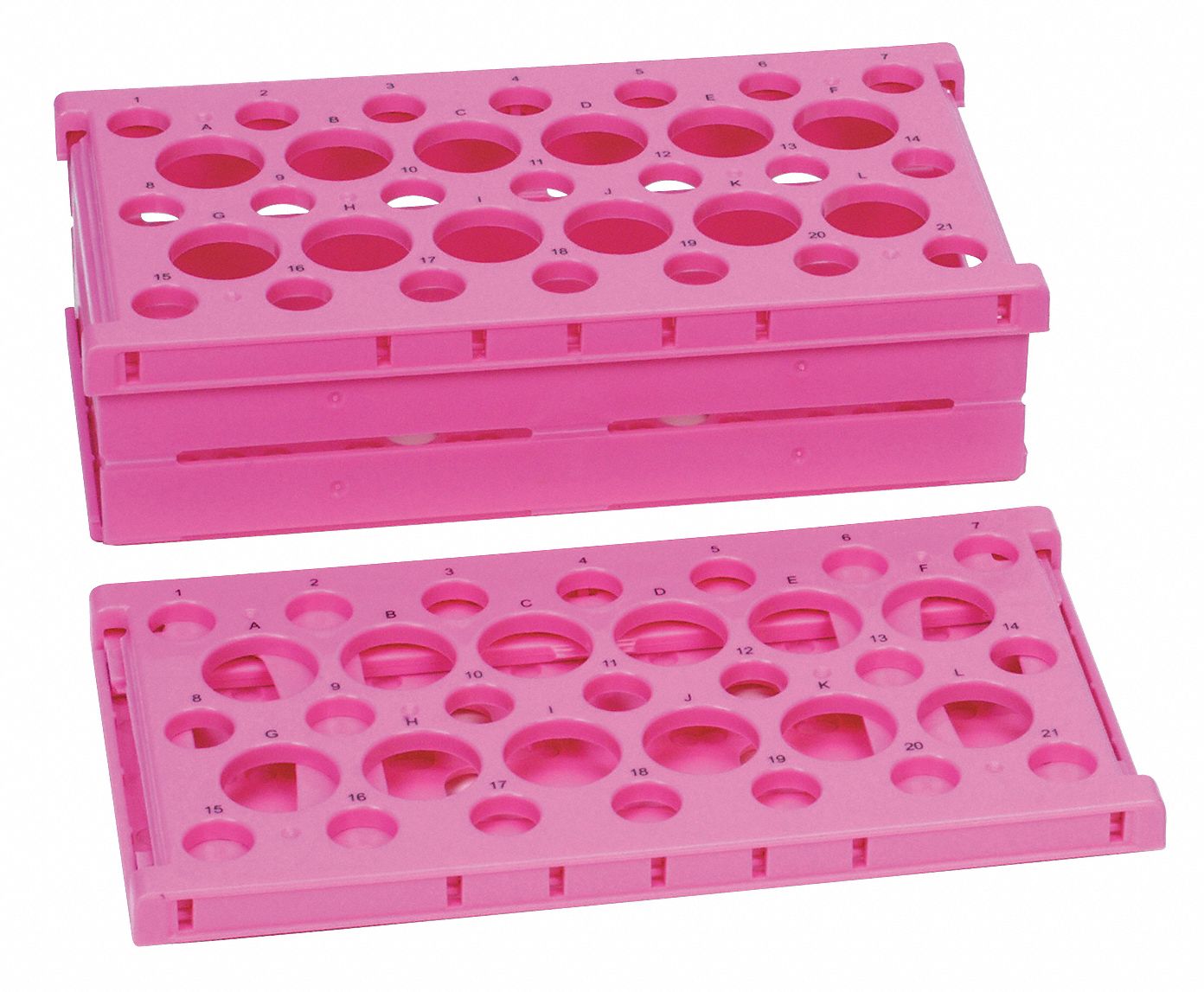Tube Rack: 5 3/8 in Overall Wd, 2 7/8 in Overall Ht, 10 in Overall Lg, Polypropylene, Pink, Benchtop