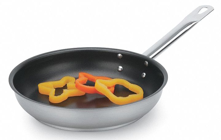 Fry Pan: Non-Stick, 12 1/2 in Top Dia, Stainless Steel, Silver, Stainless Steel, Non-Stick