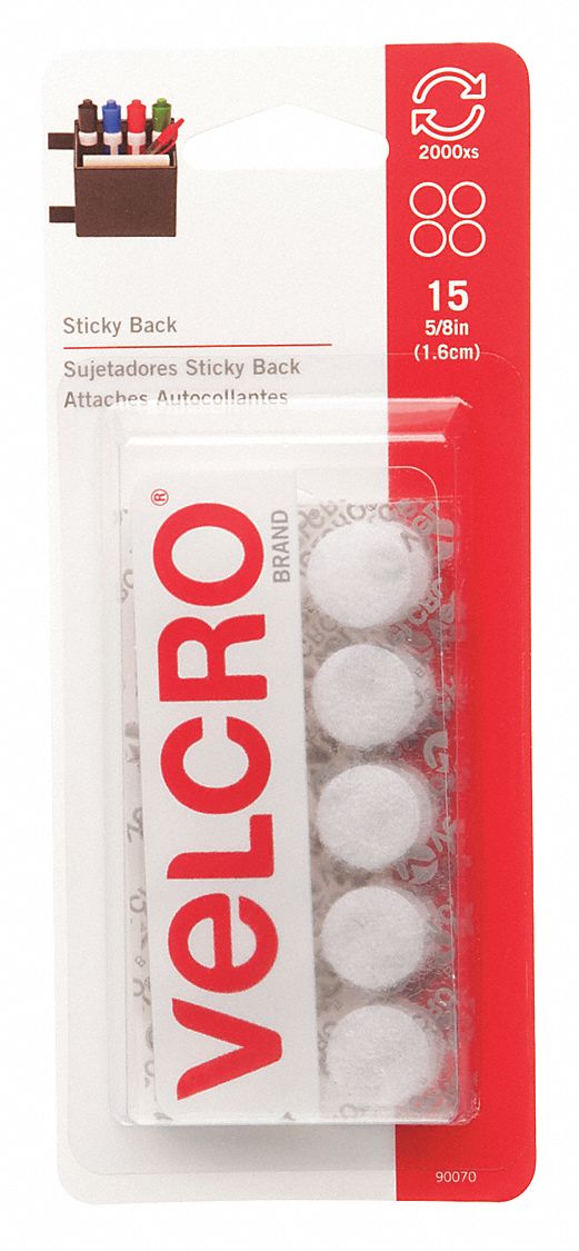 Hook-and-Loop Fastener: Disc, 5/8 in Overall Dia, Hook-and-Loop, White, Adhesive, Nylon