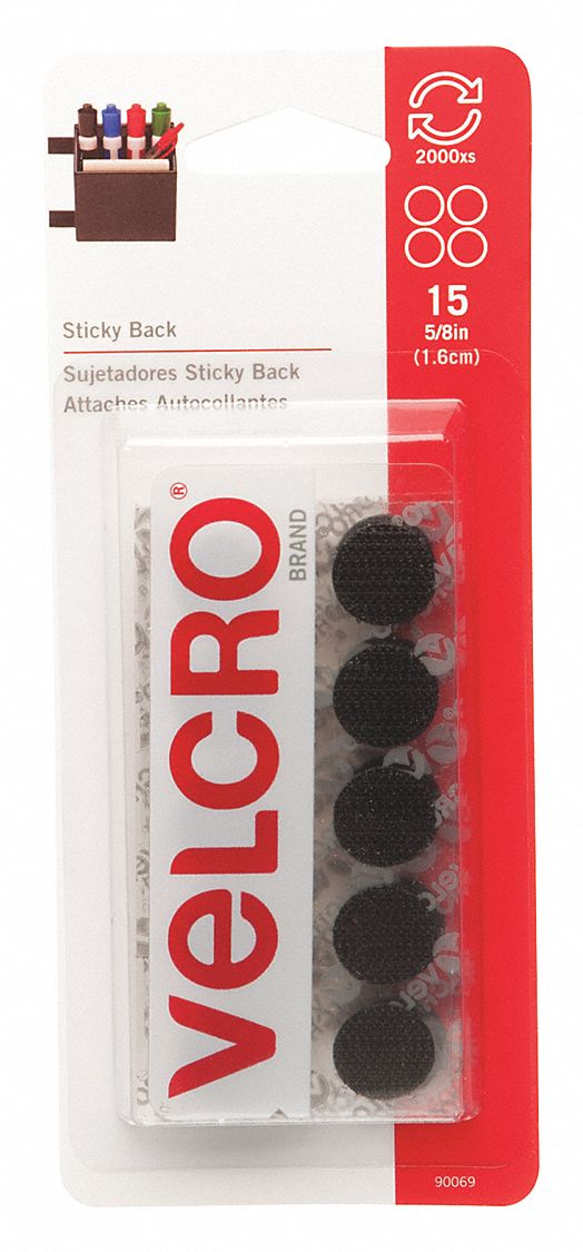 Hook-and-Loop Fastener: Disc, 5/8 in Overall Dia, Hook-and-Loop, Black, Adhesive, Nylon