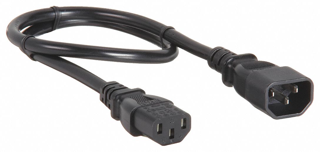 Power Cord: 2 ft Lg, IEC-320 C14 Plug, Port IEC C13, H05VV-F, 16 AWG, 5 PK