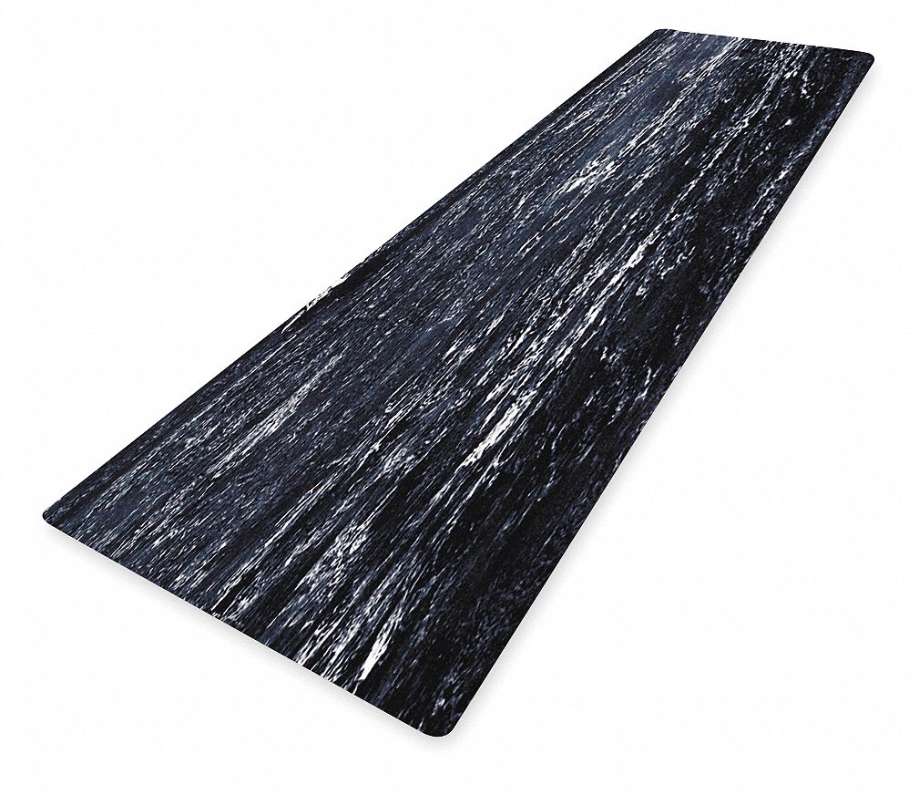 Antifatigue Runner: Marble, 3 ft x 12 ft, 1 in Thick, Black, Vinyl over PVC Foam, Beveled Edge