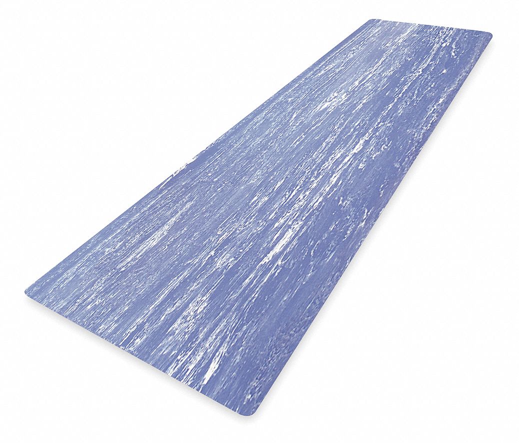 Antifatigue Runner: Marble, 3 ft x 12 ft, 1 in Thick, Blue, Vinyl over PVC Foam, Beveled Edge