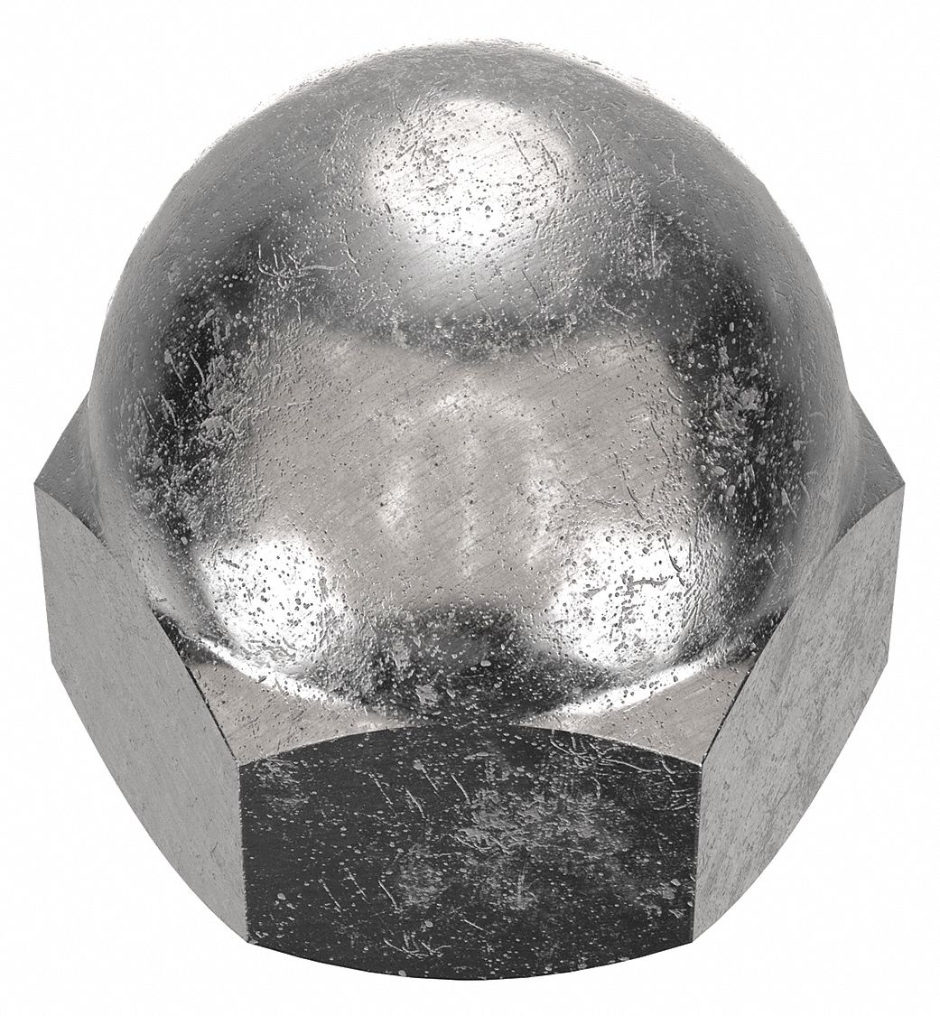 Cap Nut: 5/16"-18 Thread, Plain, 316L, Stainless Steel, 0.531 in Ht, 1/2 in Hex Wd