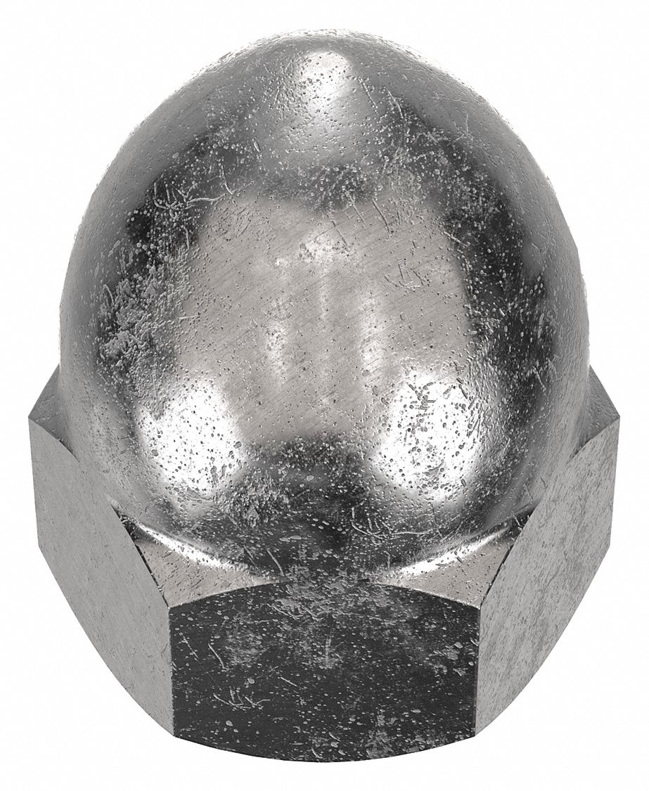 Cap Nut: 1/4"-20 Thread, Plain, 18-8, Stainless Steel, 0.594 in Ht, 7/16 in Hex Wd, 10 PK