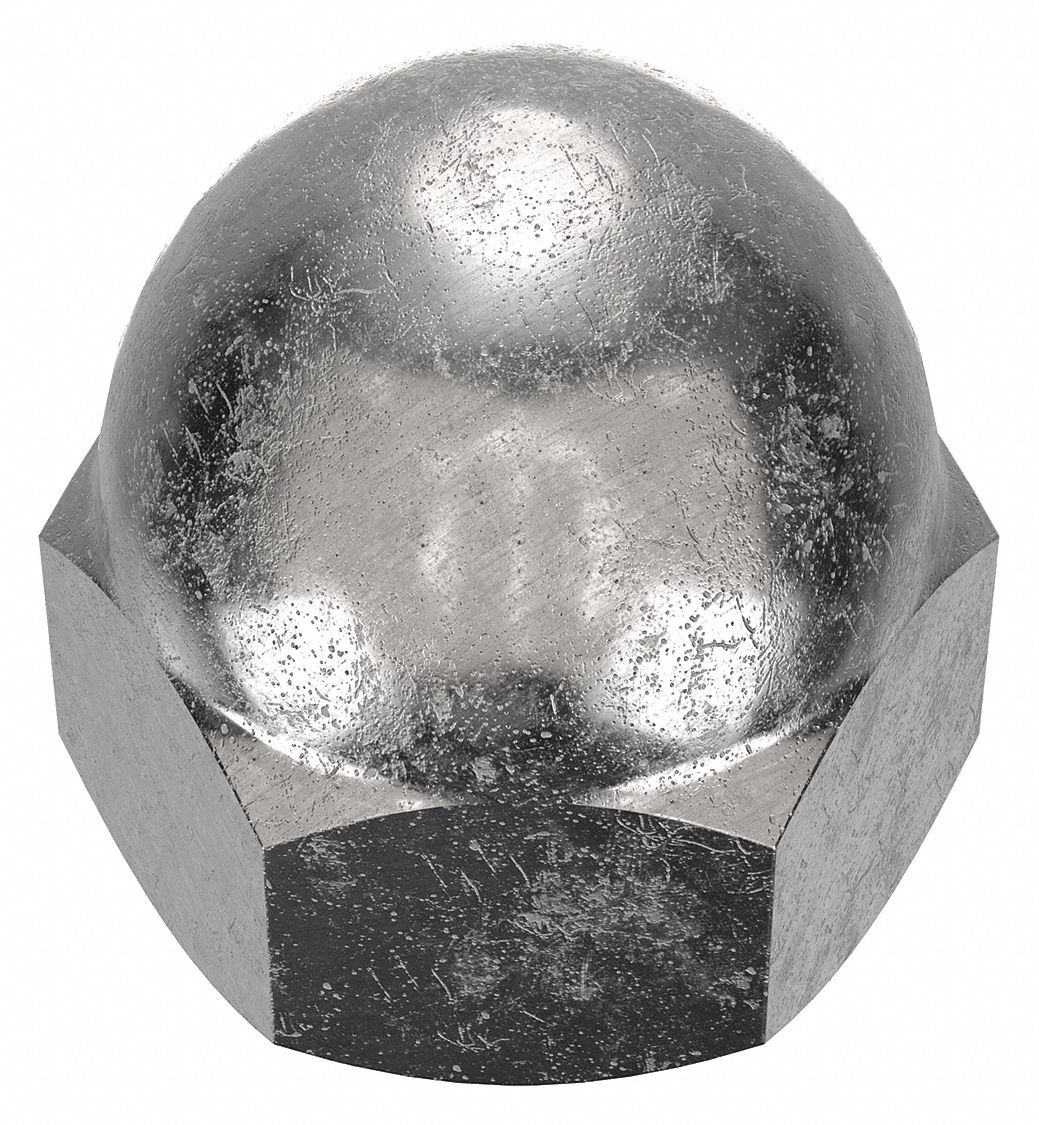 Cap Nut: 1/4"-20 Thread, Plain, 18-8, Stainless Steel, 0.469 in Ht, 7/16 in Hex Wd, 10 PK