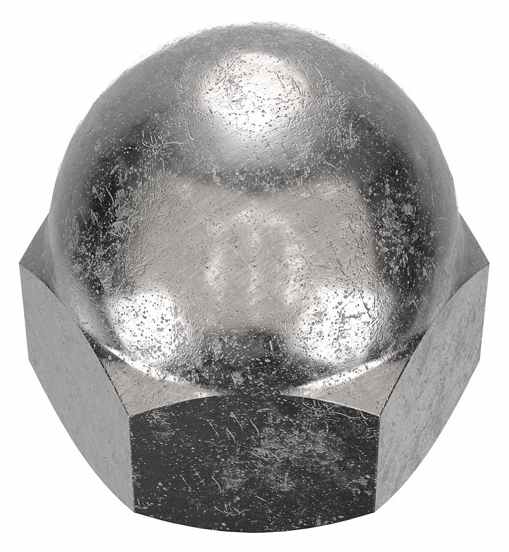 Cap Nut: 1/4"-28 Thread, Plain, 18-8, Stainless Steel, 0.469 in Ht, 7/16 in Hex Wd, 10 PK