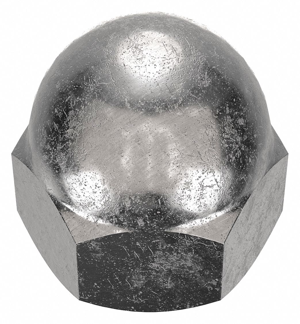 Cap Nut: 5/16"-18 Thread, Plain, 18-8, Stainless Steel, 0.531 in Ht, 1/2 in Hex Wd, 10 PK