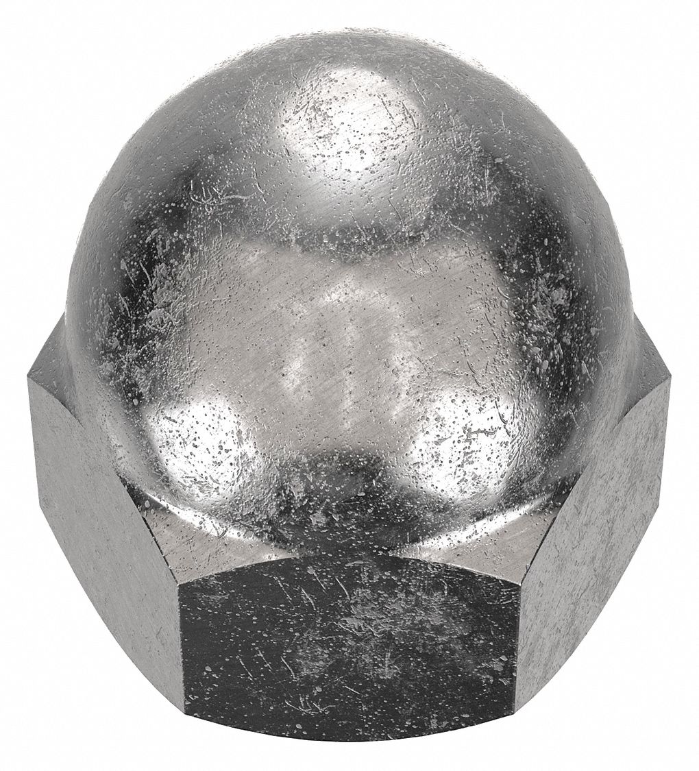Cap Nut: 3/8"-16 Thread, Plain, 18-8, Stainless Steel, 0.625 in Ht, 9/16 in Hex Wd, 5 PK