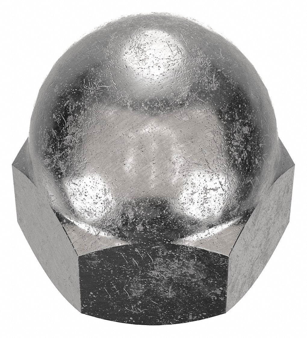 Cap Nut: 3/8"-24 Thread, Plain, 18-8, Stainless Steel, 0.625 in Ht, 9/16 in Hex Wd, 5 PK