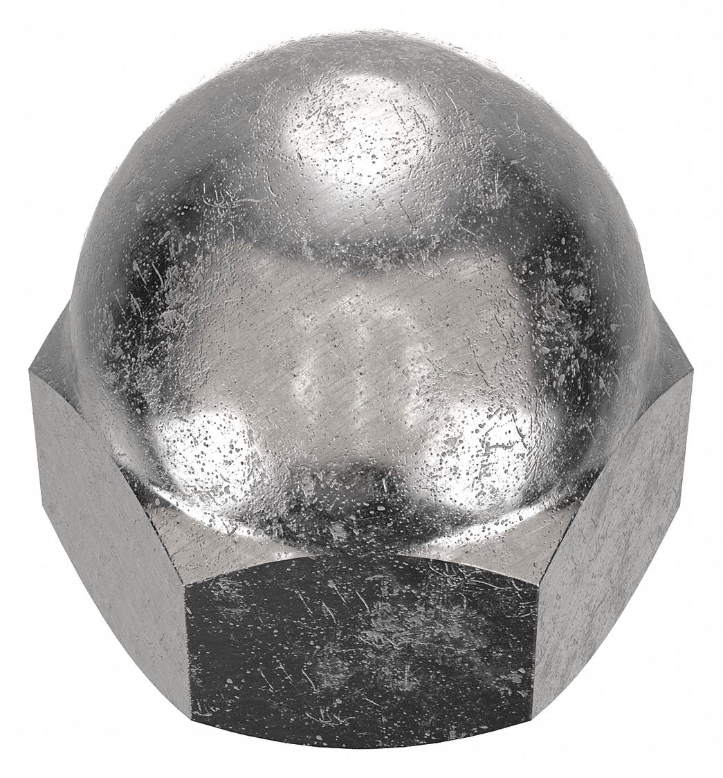 Cap Nut: 5/8"-11 Thread, Plain, 18-8, Stainless Steel, 1 in Ht, 15/16 in Hex Wd