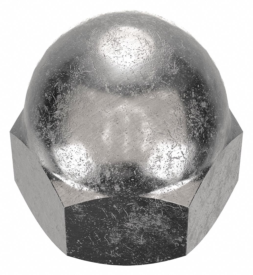 Cap Nut: 1/2"-13 Thread, Plain, 18-8, Stainless Steel, 0.813 in Ht, 3/4 in Hex Wd