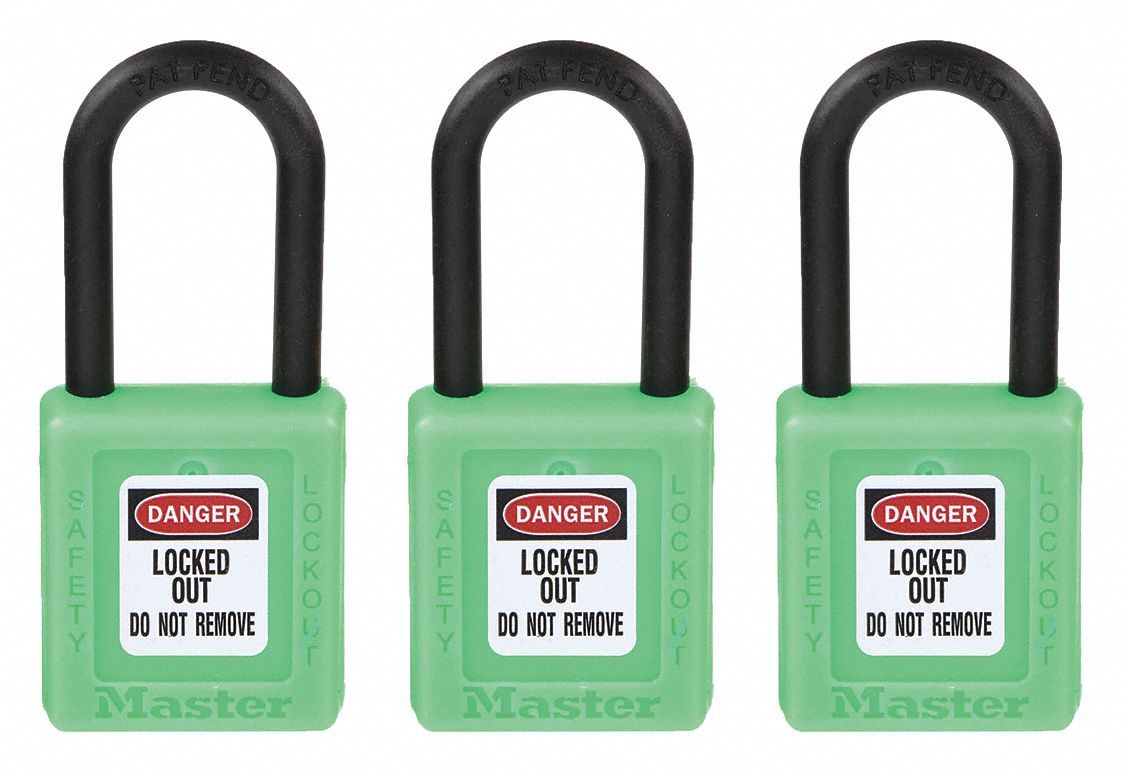 LOCKOUT PADLOCK, KEYED ALIKE, THERMOPLASTIC, STANDARD BODY, PLASTIC, GREEN, 3 PK