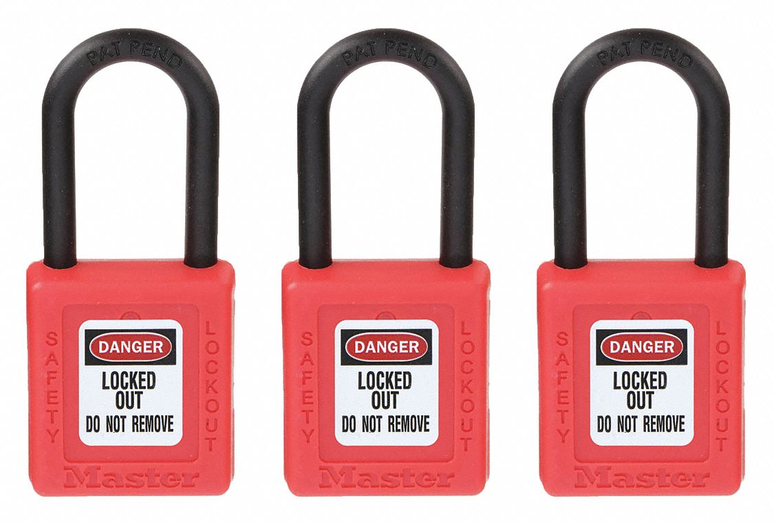 LOCKOUT PADLOCK, KEYED ALIKE, THERMOPLASTIC, STANDARD BODY, PLASTIC, RED, KEY, 3 PK