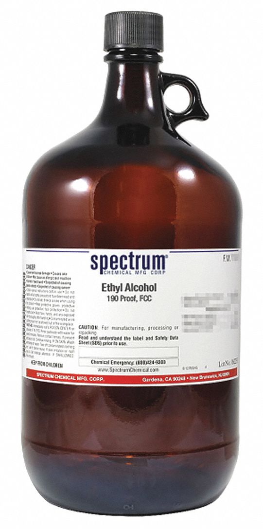 Ethanol: FCC, 4 L, 64-17-5, 190 Proof, Alcohol, Liquid, Bottle, Glass, 36 mo Shelf Life, 1
