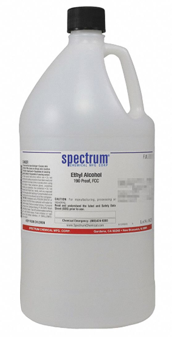Ethanol: FCC, 4 L, 64-17-5, 190 Proof, Alcohol, Liquid, Jug, Plastic, 36 mo Shelf Life, 1