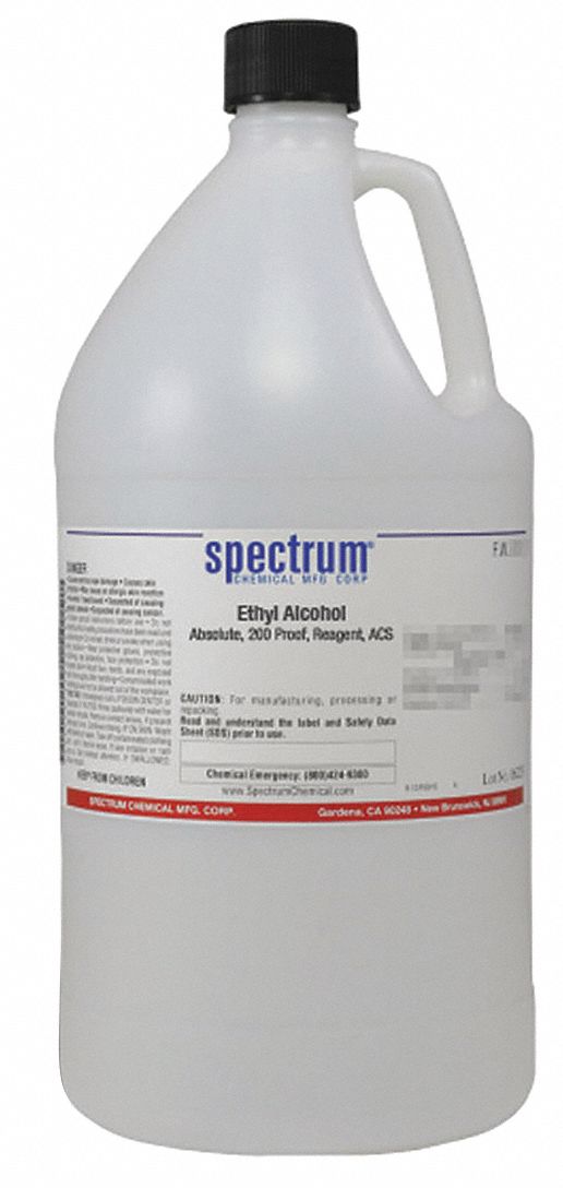 Ethanol: ACS, 4 L, 64-17-5, 200 Proof, Alcohol, Liquid, Jug, Plastic, 24 mo Shelf Life, 1
