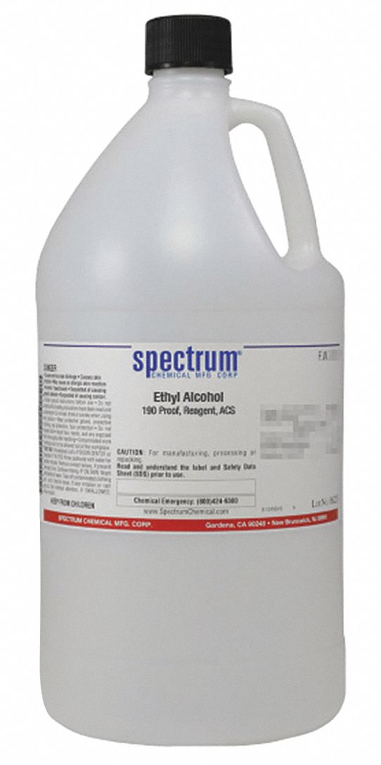 Ethanol: ACS, 4 L, 64-17-5, 190 Proof, Alcohol, Liquid, Jug, Plastic, 24 mo Shelf Life, 1