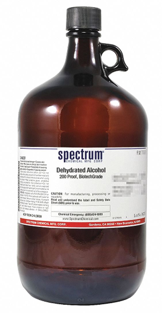 Dehydrated Alcohol: Lab, 4 L, 64-17-5, 200 Proof, Alcohol, Liquid, Bottle, Amber Glass, 1
