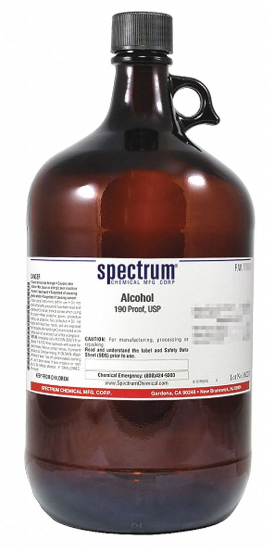 Ethanol: USP, 4 L, 64-17-5, 190 Proof, Alcohol, Liquid, Bottle, Glass, 36 mo Shelf Life, 1