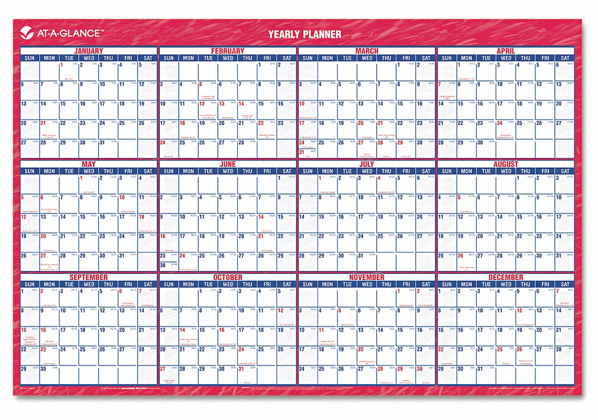 AT-A-GLANCE, Erasable Yearly Wall Calendar - 6RMP0AAGPM32628 - Grainger