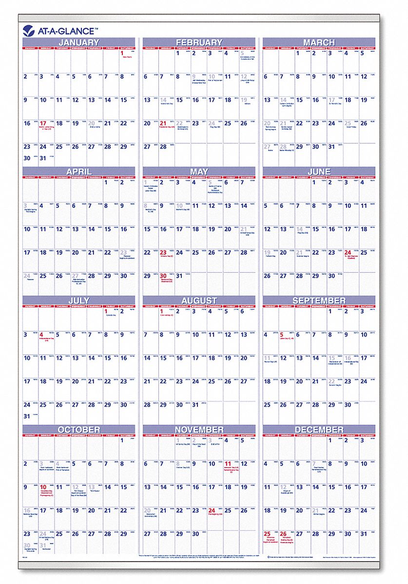 AT-A-GLANCE, White Yearly Wall Calendar - 6RMP4|AAGPM1228 - Grainger