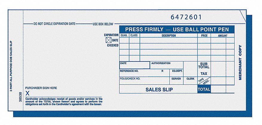 6RNJ4 - Credit Card Slip 7-7/8 x 3-1/4 PK100