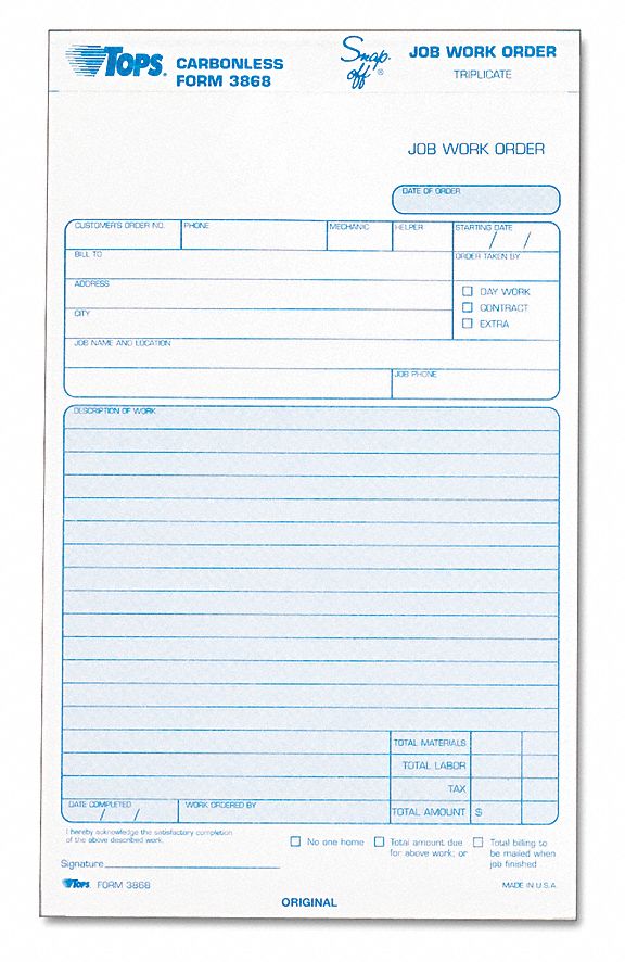 Tops Carbonless Job Work Forms, Three Parts, 5.5 x 8.5  - 50 counts