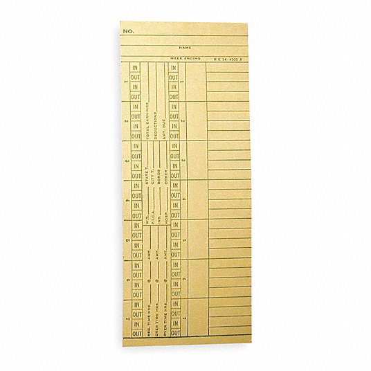 Time Cards: Double Sided Payroll, 1 Sides, Weekly, 8 1/4 in Ht, 3 3/8 in Wd, 1,000 PK