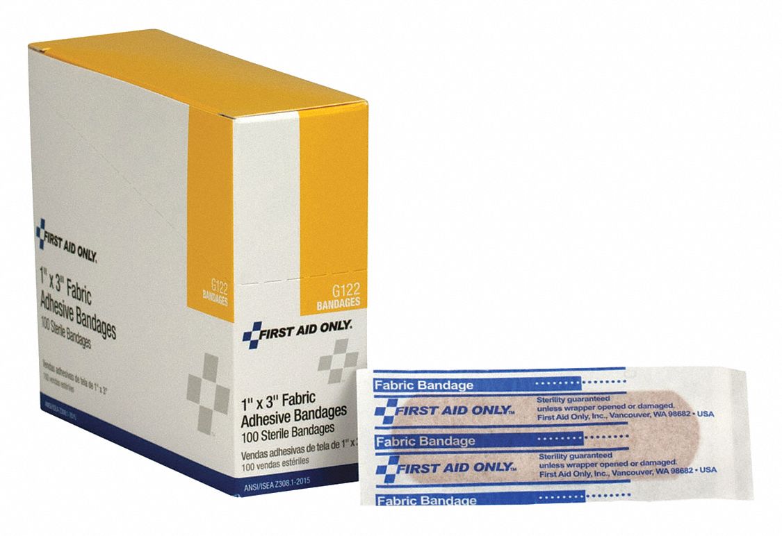 Adhesive Bandage: Strip Bandages, 1 in Wd, 3 in Lg, Not Metal Detectable, Fabric