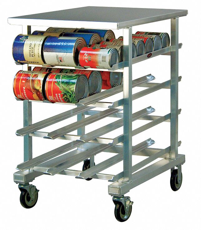 Can Rack: Half Size, 4 Shelves, 72 Cans Held, Mobile, 41 in Overall Ht, 25 in Overall Wd