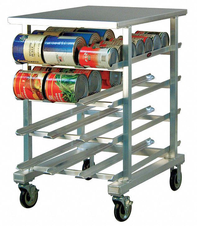 Can Rack: Half Size, 4 Shelves, 96 Cans Held, Mobile, 41 in Overall Ht, 25 in Overall Wd