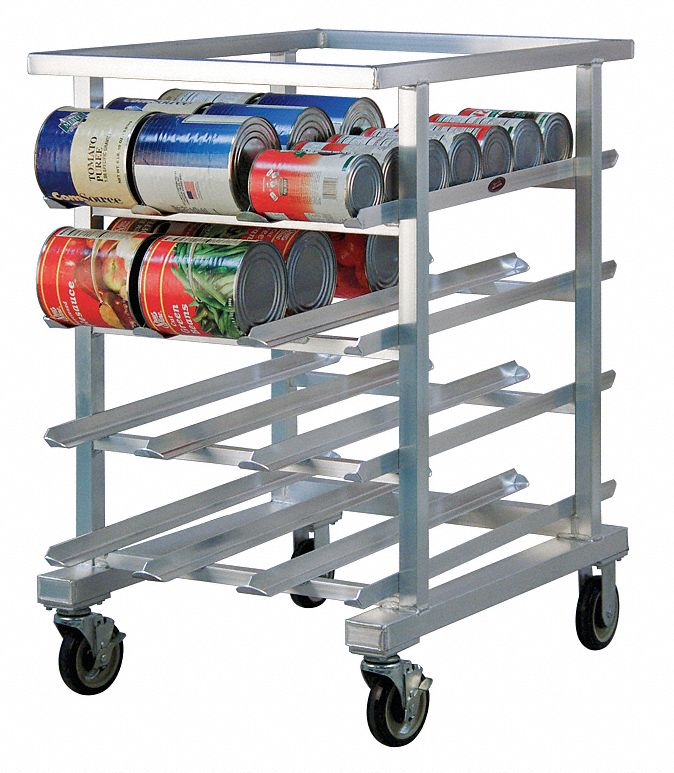 Can Rack: Half Size, 4 Shelves, 54 Cans Held, Mobile, 41 in Overall Ht, 25 in Overall Wd