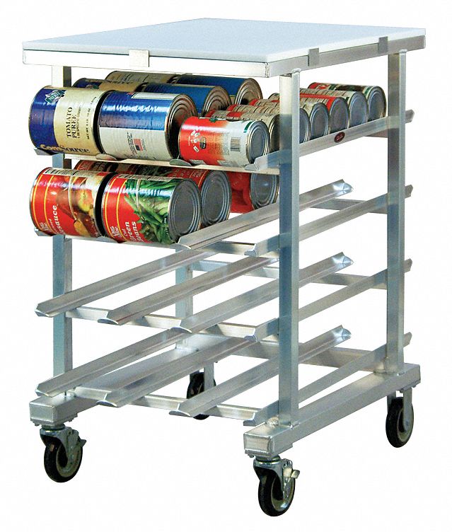 Can Rack: Half Size, 4 Shelves, 72 Cans Held, Mobile, 41 in Overall Ht, 25 in Overall Wd