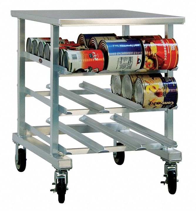 Can Rack: Half Size, 3 Shelves, 54 Cans Held, Mobile, 35 in Overall Ht, 25 in Overall Wd
