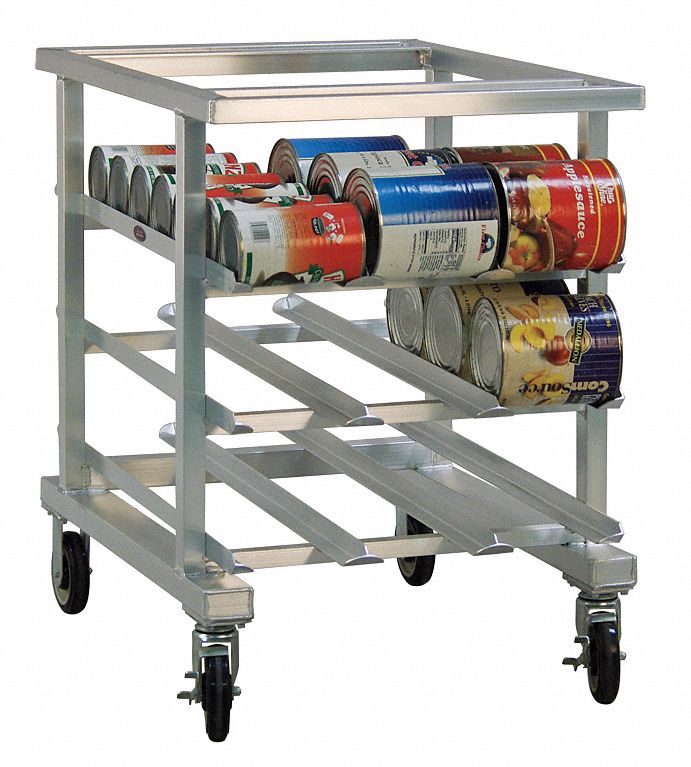Can Rack: Half Size, 3 Shelves, 54 Cans Held, Mobile, 35 in Overall Ht, 25 in Overall Wd