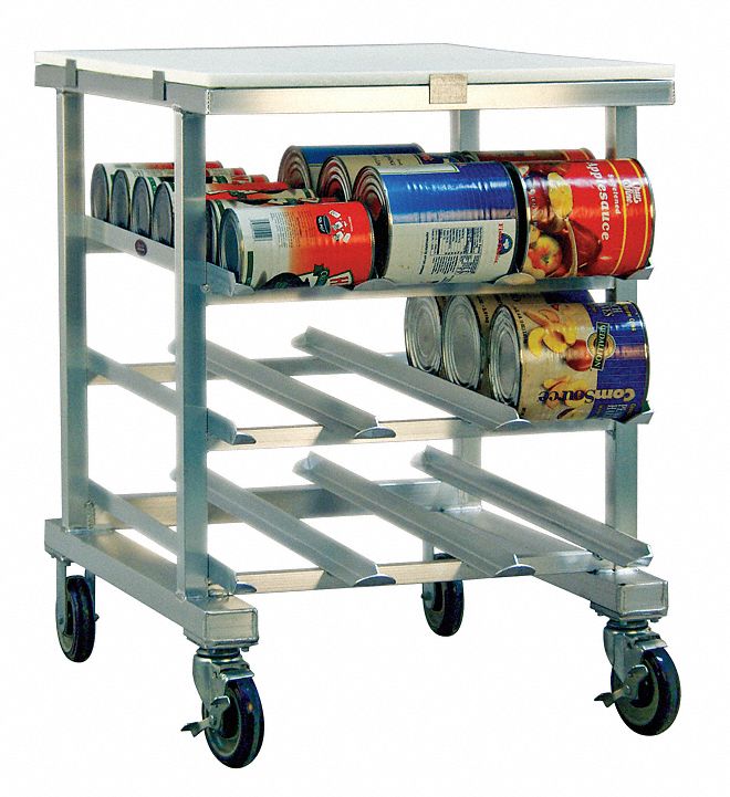 Can Rack: Half Size, 3 Shelves, 54 Cans Held, Mobile, 35 in Overall Ht, 25 in Overall Wd