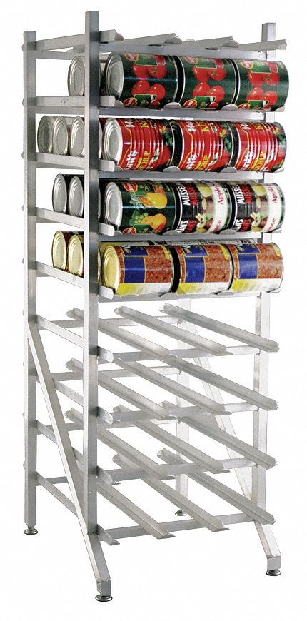 Can Rack: Full Size, 9 Shelves, 162 Cans Held, Stationary, 71 in Overall Ht, 35 in Dp