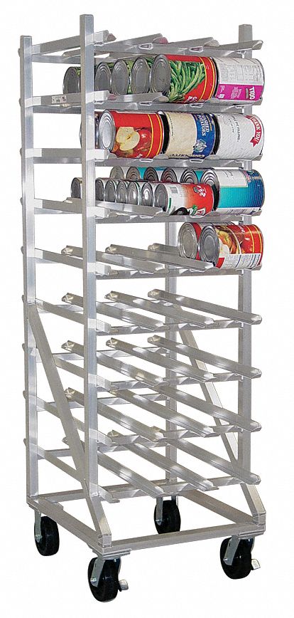 Can Rack: Full Size, 9 Shelves, 216 Cans Held, Mobile, 78 in Overall Ht, 35 in Dp, Aluminum