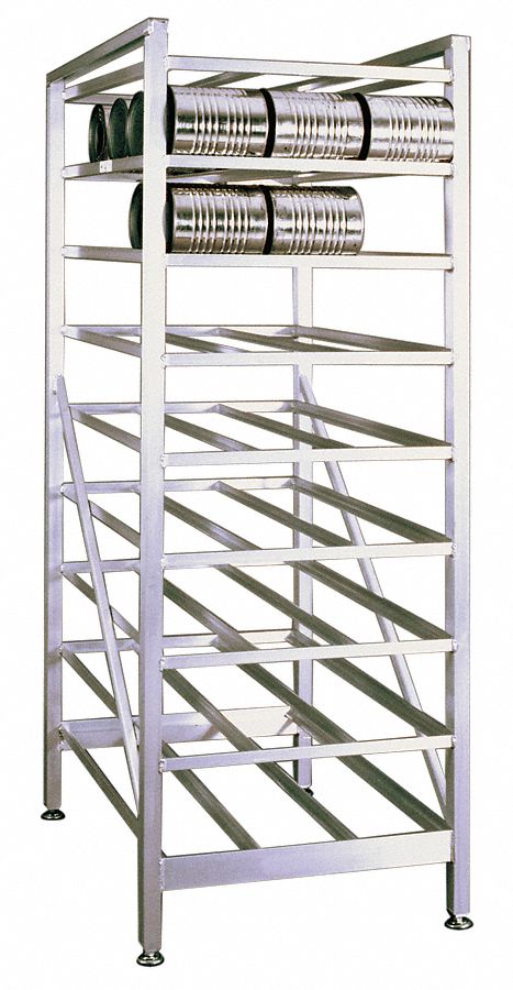 Can Rack: Full Size, 9 Shelves, 162 Cans Held, Stationary, 71 in Overall Ht, 35 1/4 in Dp