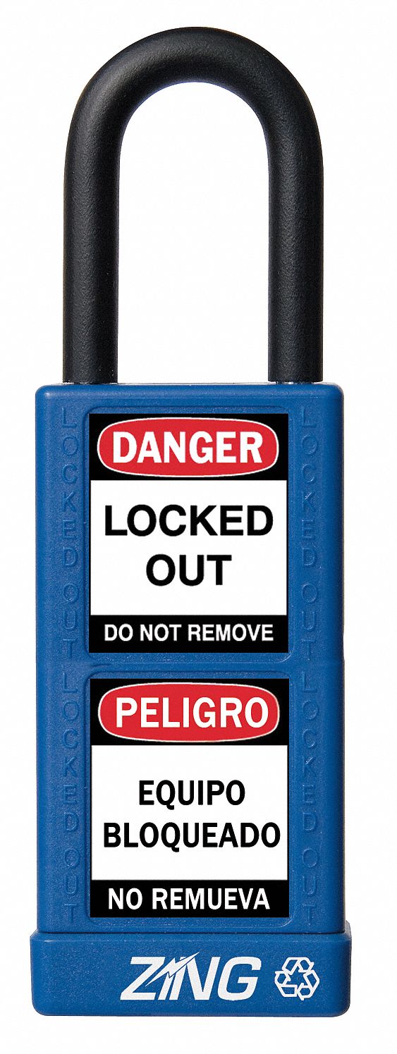Lockout Padlock: Keyed Alike, Aluminum, Long Body Body Size, Steel, Std, Blue, 1 Pack Size