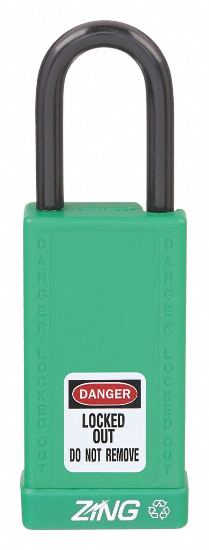 LOCKOUT PADLOCK, KEYED DIFFERENT, ALUMINUM, LONG BODY, STEEL, STD, GREEN, 1 PK