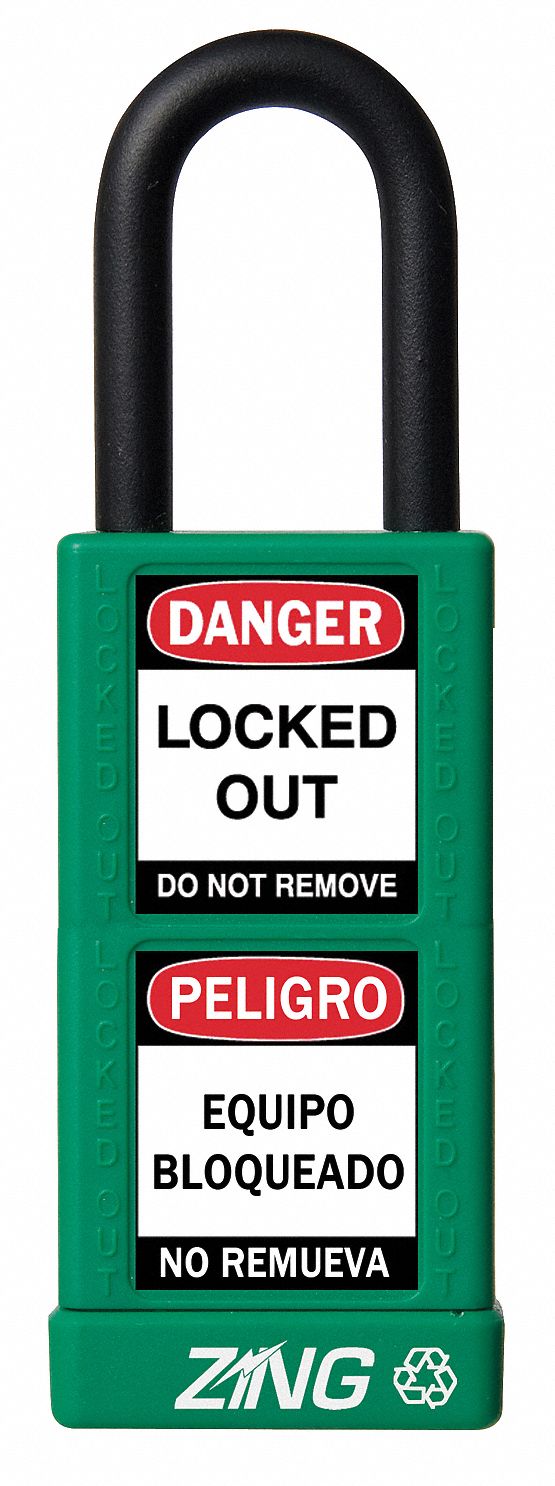 Lockout Padlock: Keyed Alike, Aluminum, Long Body Body Size, Steel, Std, Green, 1 Pack Size